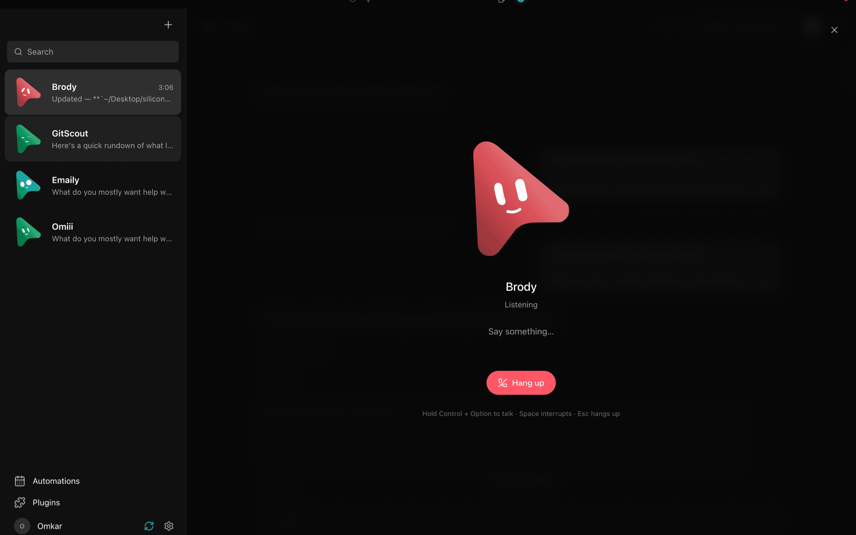 A MausBot Live call screen on an iPhone, talking to a bot by voice