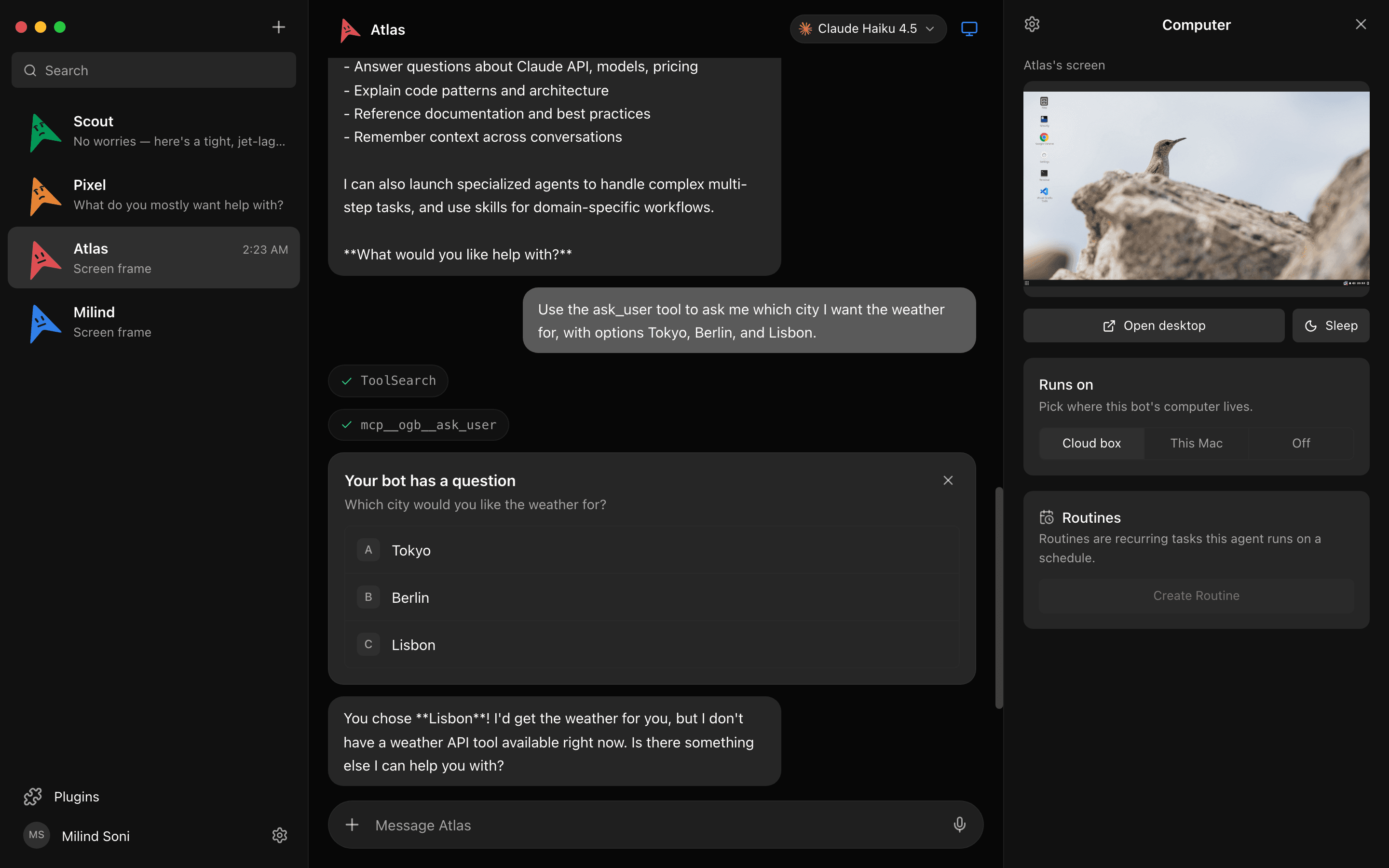 A MausBot bot working on its own computer, shown in the side panel next to the chat