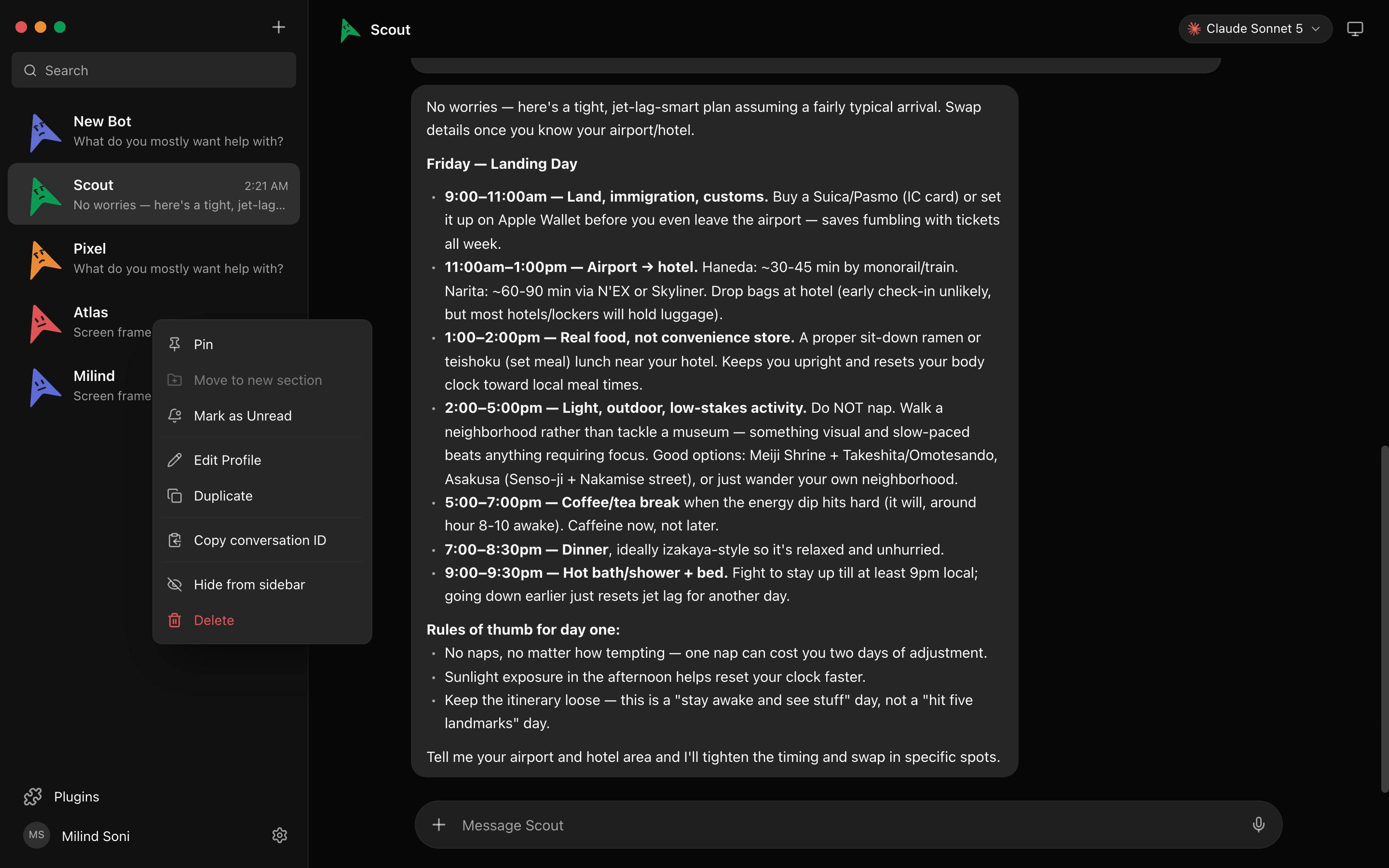 The right-click menu on a bot in the MausBot sidebar, with pin, mark unread, duplicate, hide, and delete