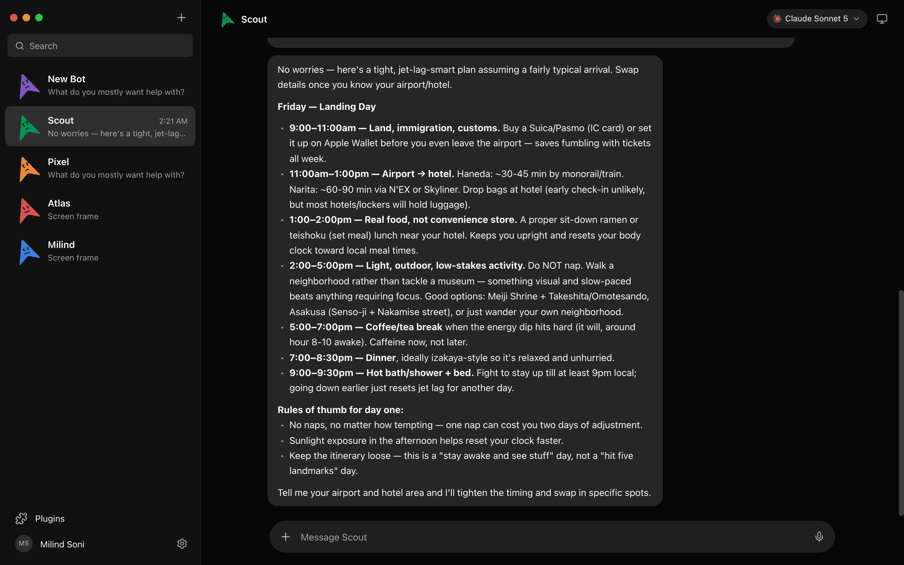 The MausBot desktop app: a sidebar of AI bots beside an open conversation