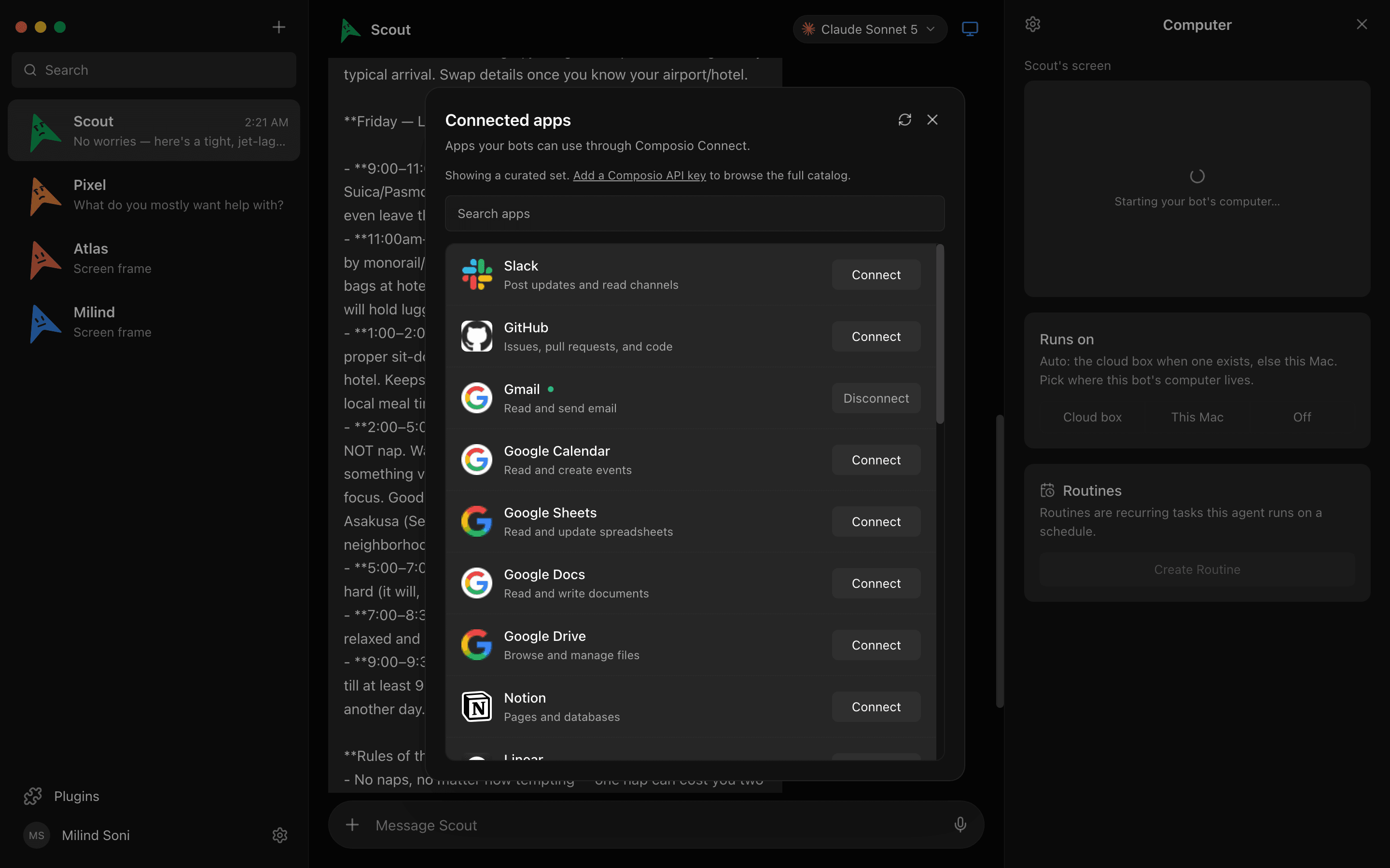 The MausBot connected apps marketplace, where a business connects Gmail, Slack, Notion, and hundreds more over Composio once for every bot