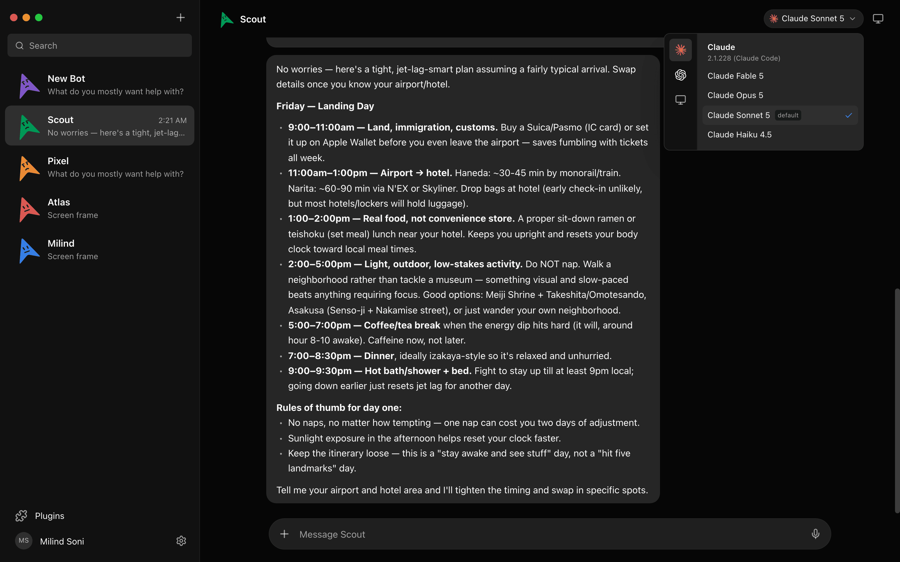 The MausBot model picker, with Claude, Codex and Grok models in one list